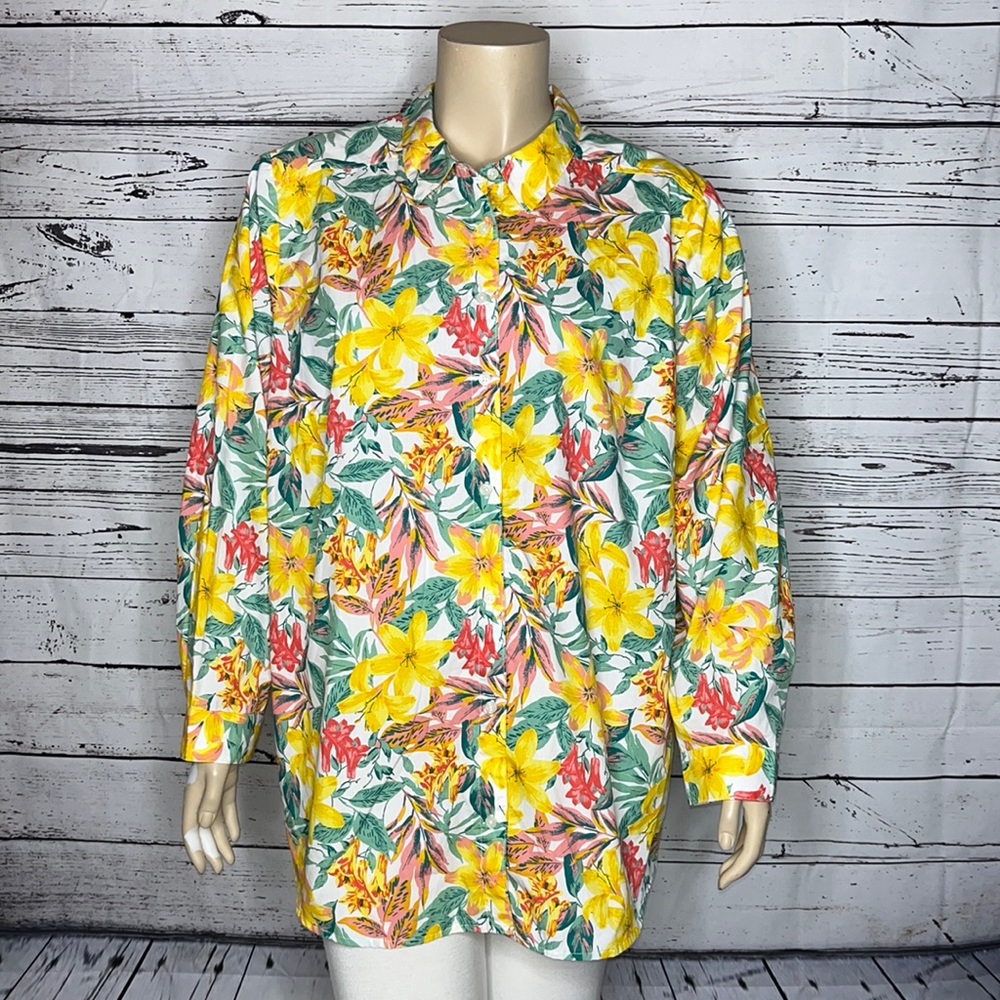 Roaman’s Size 30W Tropical Floral Print Long Sleeve Button Down Shirt Top